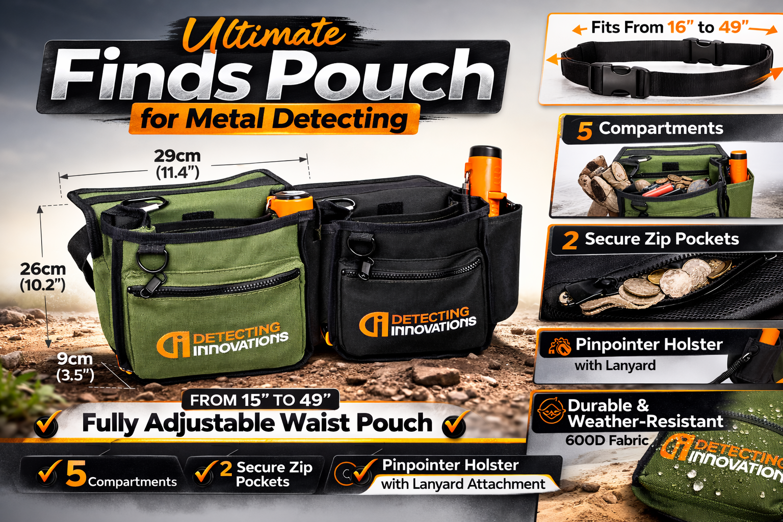Detecting Innovations Ultimate Waist Pouch Metal Detecting Finds Bag Pinpointer Holster